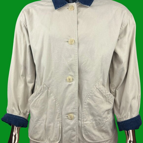 VTG Architect Chore Coat Beige Canvas Work Jacket Navy Corduroy Collar - Picture 2 of 7